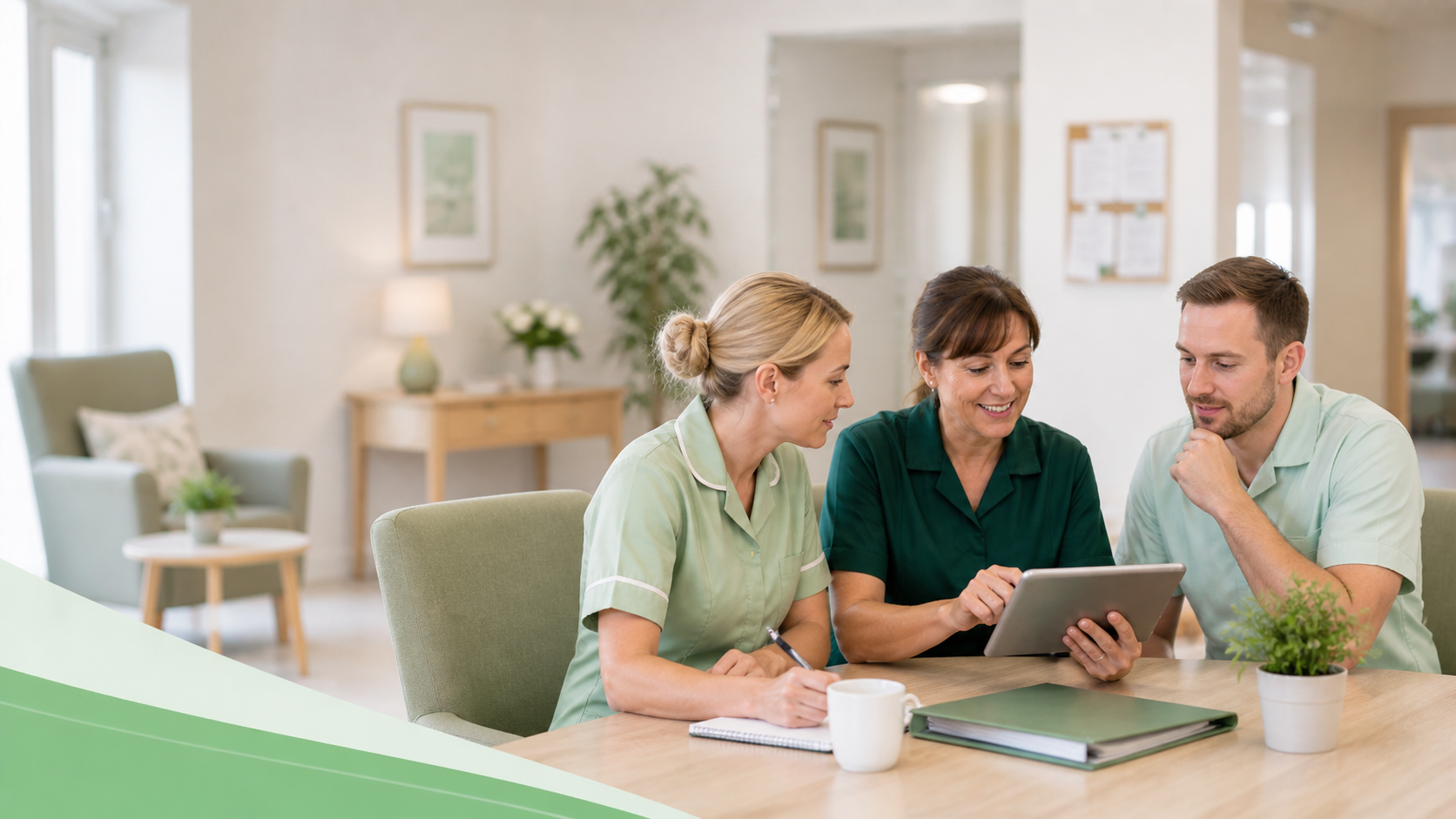 Care home team reviewing workflow information on a tablet