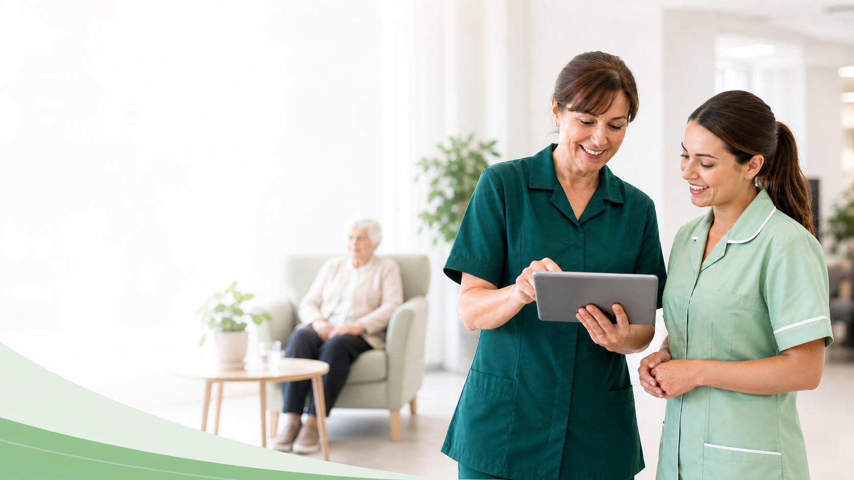 Care staff using a tablet in a care home environment